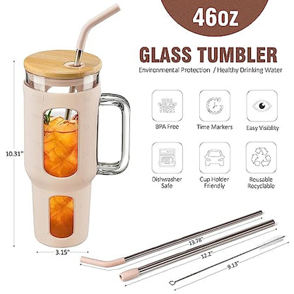 WINSA Glass Tumbler with Lid and Straw, 46 oz Iced Coffee Cup with Handle, Large Water Bottles with Silicone Sleeve, Glass Cup with Straws - Pearl Straw & Drinking Straw BPA Free-Amber - color: Amber, size: 46 Ounces
