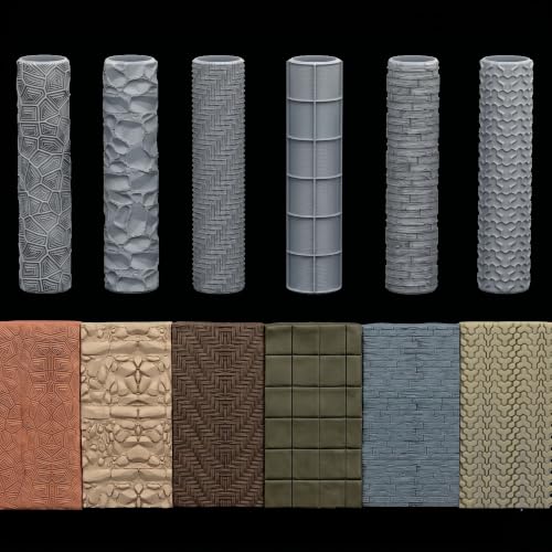 Premium 6-Piece Textured Clay Roller Set - Multi-Pattern Ground & Road Hand Rolling Pins for Polymer Clay, Pottery & Miniature Terrain Crafting - Assorted Brick, Stone & Wood Textures - color: Amr03 a