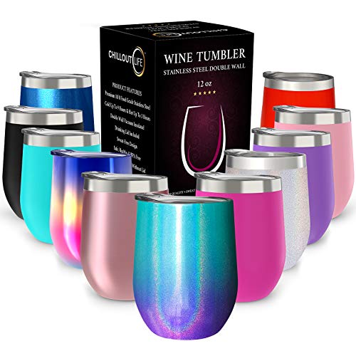 CHILLOUT LIFE 12 oz Stainless Steel Wine Tumbler with Lid - Double Wall Vacuum Insulated Wine Cup Glass Keeping Cold & Hot for Coffee, Champagne, Cocktails, Ice Cream - Mermaid Sparkle - color: Mermaid Sparkle, style: 1 Pack