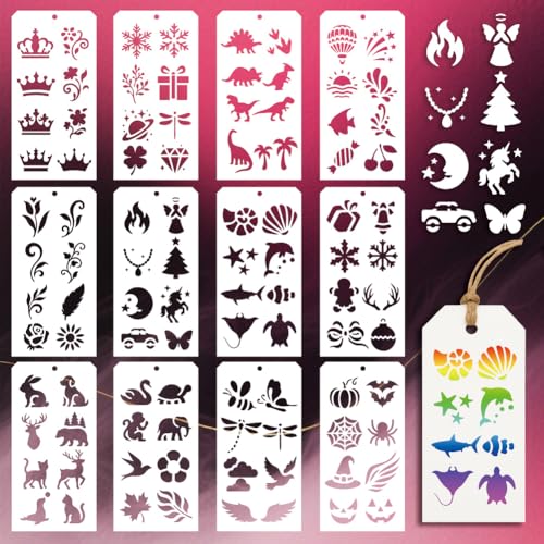 12 Sheets Decorative Painting Templates, 96 Styles Crowns Flowers Animals Christmas Halloween Drawing Templates Reusable Border Stencil for Painting on Wall Wood Home Holiday Decor - style: Mixed Elements