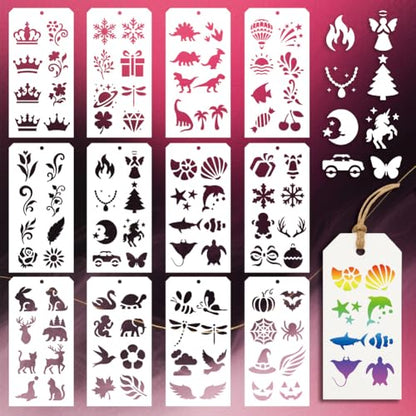 12 Sheets Decorative Painting Templates, 96 Styles Crowns Flowers Animals Christmas Halloween Drawing Templates Reusable Border Stencil for Painting on Wall Wood Home Holiday Decor - style: Mixed Elements