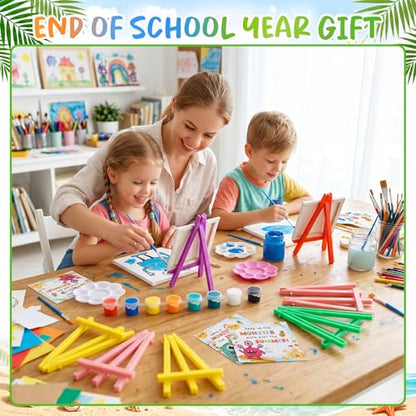 Eaasty 24 Set Mini Acrylic Paint Kit for Kids Monster Watercolor Painting Set Acrylic Paint Canvas Brushes Easel with Cards Bulk for Summer Themed Party Gifts Favor Kids Artists Beginner