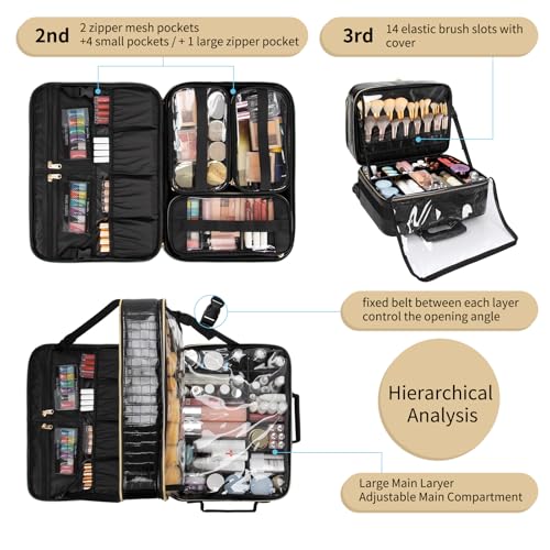 OCHEAL 18" Rolling Makeup Case, Professional 4-in-1 Trolley Case | 3-Layer, Large Cosmetic Organizer with Wheels,Large Makeup Case & Double Brush Organizer, 6 Travel Bags - color: Black-4 in 1