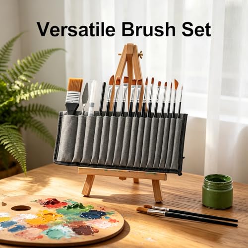 Paint Brushes Set, Nylon Hair Artist Brushes with Wide Flat, Round, Filbert, Flat, Fan, Angle,Palette Knife for Acrylic Oil Watercolor,Black Handle,16PCS