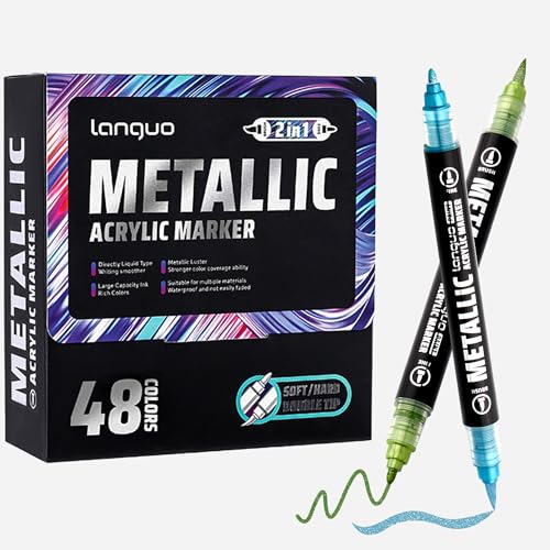 48 Colors Metallic Acrylic Paint Markers - Dual Tip Acrylic Paint Pens Set for Adult Artists, Brush and Bullet Tip Markers Set Perfect for Fabric Glass Wood DIY Crafts