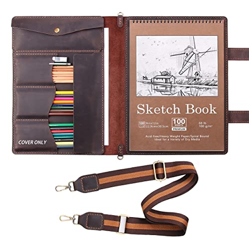 Robrasim Handmade Leather Sketchbook Cover, Artist Sketch Pad Holder for 9"X12" Top Spiral Bound Sketchbook, Drawing Book Pencil Case, Journal Portfolio with Shoulder Strap, Artist Gifts,Coffee - color: Coffee, size: For 9"x12"