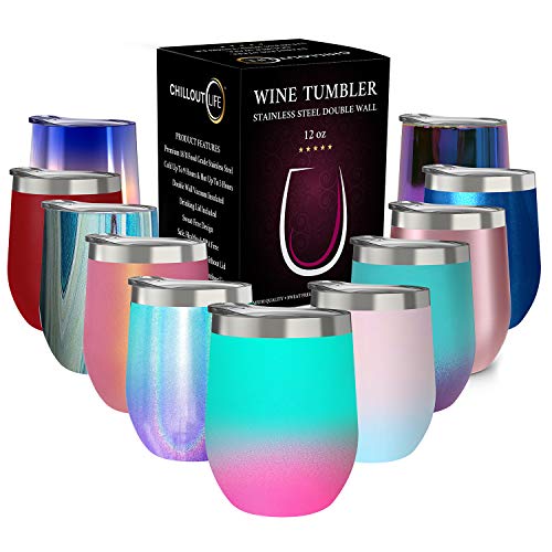 CHILLOUT LIFE 12 oz Stainless Steel Wine Tumbler with Lid - Double Wall Vacuum Insulated Wine Cup Glass Keeping Cold & Hot for Coffee, Champagne, Cocktails, Ice Cream - Powder Coated Aqua Blue/Pink - color: Frozen Slushy, style: 1 Pack