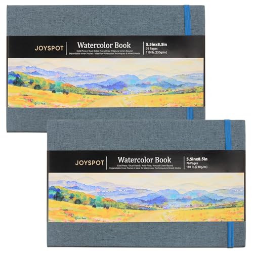 JOY SPOT! 5.5" x 8.5" Watercolor Pad, Pack of 2 (76 Sheets), 110 lb (230 GSM), Acid-Free Paper, Watercolor Book with Linen Bound for Watercolor Techniques and Mixed Media