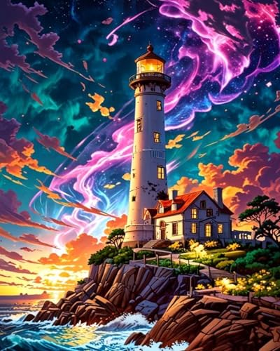 GEEHEIY Paint by Numbers Kit for Adults, Lighthouse DIY Painting on Canvas, Aurora Sky Paint by Number Kit with Acrylic Paint, Fantasy Coastal Wall Art Home Decor Gift 16x20 Inch - color: TRTDNF1P410
