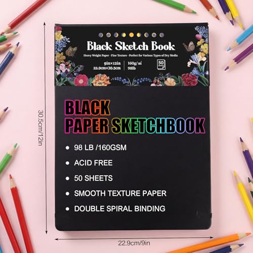 50 Sheets Black Paper Sketchbook 9×12in, 98lb/160gsm Heavyweight Black Sketch Pad, Acid-Free Drawing Paper, Spiral Bound Sketch Book for Kids, Teens, Artist - size: 9×12 Inch (1 Pack)