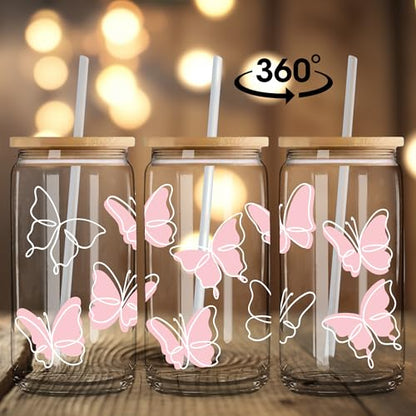 BIPEDS Butterfly Gifts for Women, Pink Cute Glass Cups with Lids and Straws, Aesthetic Iced Coffee Cup, Girly Preppy Design Tumbler Mug, Birthday Valentines Christmas, Teen Girl Gifts Trendy Stuff - color: 08-Pink Butterly