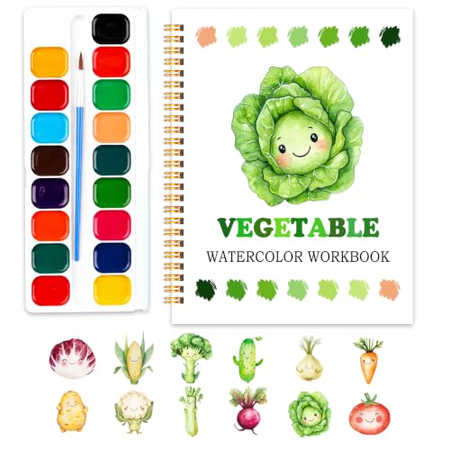 Easy Vegetable Watercolor Workbook for Beginners, Water Coloring Book, 18 Colors Watercolors Paint Set, 12 Patterns Fresh Harvest Watercolor Kit, Relaxing DIY Gift for Adults and Women Teen - color: vegetable