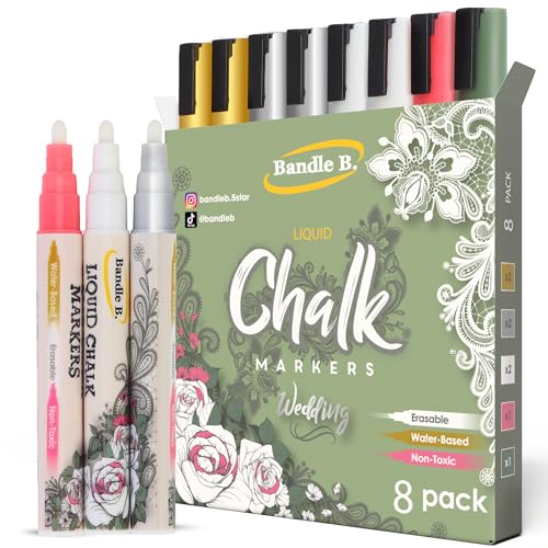 Liquid Chalk Markers: Wedding Edition - Pack of 8 - Non-Toxic, Water-Based, Erasable, Dust Free Chalk Pens for Chalkboards, Blackboards, Windows and Glass - 6mm Reversible Bullet and Chisel Tip - color: Wedding - 8 Pack