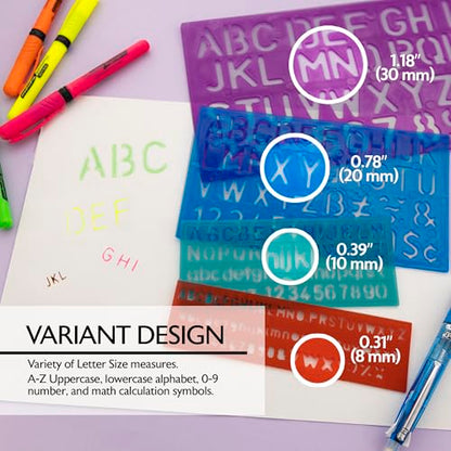 BAZIC Products Lettering Stencil Sets, 8, 10, 20, 30 mm, 4 Pack | 0-9, math symbols in 8, 30 mm sizes