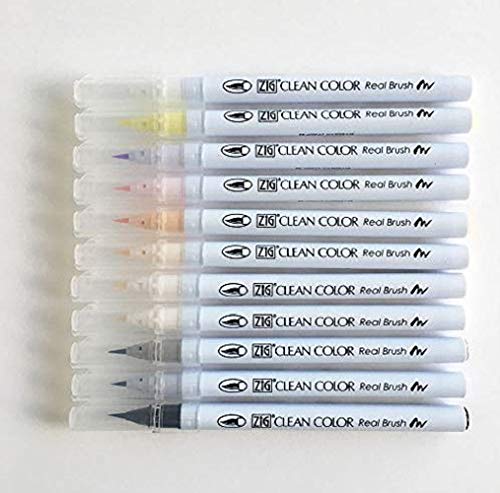 Kuretake ZIG CLEAN COLOR Real Brush Neutral & Natural Tones 12 Colors set, AP-Certified, Flexible Brush Tip, Odourless, Xylene Free, Easy to creat narrow and wide lines, Made in Japan
