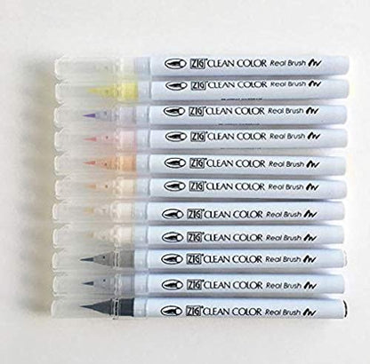 Kuretake ZIG CLEAN COLOR Real Brush Neutral & Natural Tones 12 Colors set, AP-Certified, Flexible Brush Tip, Odourless, Xylene Free, Easy to creat narrow and wide lines, Made in Japan