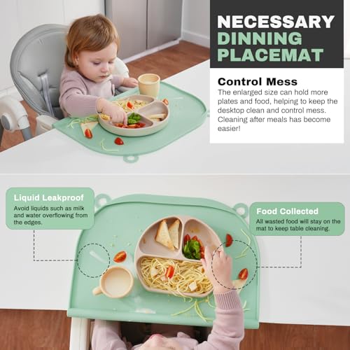 Large Silicone Suction Table Mat, 17" x 12" Thick Placemat with Edge-Bumper, Raised Edge Leakproof, Non-Slip for Kids Toddler Baby Essentials Dinning, Restaurant Eating, Plates, Art, Craft & Painting - color: Green