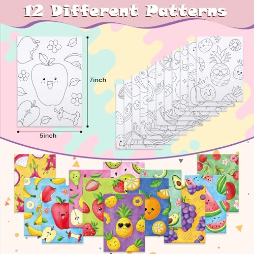 12 Packs Pre Drawn Canvas to Paint, 5" X 7" Fruits Pre Printed Canvas Paint Party for Painting, Pre Stretched Canvas Outline Painting Boards for Beginners, Party Favor - style: Fruits