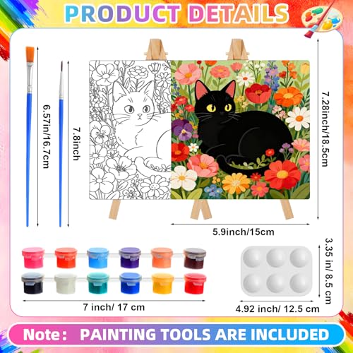 Supervitae 72 Piece Floral Cats Square Pre Drawn Canvas Kit 5.9" Paint and Sip Kit for Adults Painting Party Pre Printed Canvas DIY with Pictures Paints Easels Brushes for Party Gifts - size: 5.9", style: Floral Cats
