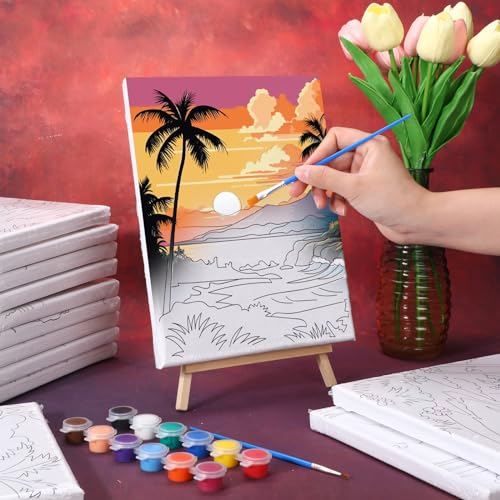 Zhanmai 72 Pcs 12 Sets Sip and Paint Kit Pre Drawn Canvas for Painting 8" x 10" Paint Party Canvas Painting Pre Printed Canvases for Party Favor DIY Virtual Adult's Date Night(Hawaii Landscape) - style: Beach Scenery
