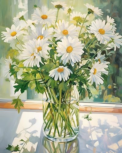 Tucocoo White Daisy DIY Paint by Numbers for Adults White Flowers with Green Leaves in Vase DIY Oil Painting Kits Canvas with Acrylic Paint Floral Plant Art 16x20 Inch （Without Frame ） - color: Flower in Vase 07, size: 16''x20''(Frameless)