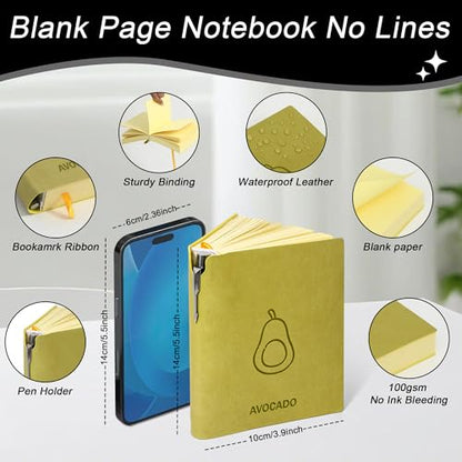 Thick Blank Journal Notebook 400 Pages With Pen Holder ，100gsm Thick Color Paper Fruit A6 Unlined Plain Sketchbook ，No Lines Notebook Soft Leather Unlined Pocket Blank Notebook For Women Drawing Book Memo Writing Sketch Diary 3.9 × 5.5 (Avocado-Green) - s