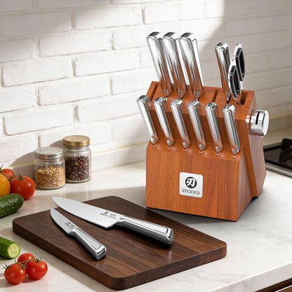 imarku High Carbon Stainless Steel Gyutou Knife Set with Block, Precision-Forged Razor Sharp 10–15° Edge, Ergonomic Non-Slip Handle, Built-in Sharpener, Brown, Best Gift Choice, Cooking Enthusiasts - color: Silver/Brown