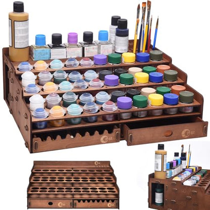 OPHIR Wooden Paint Holder Rack, 50 Holes Dia.1.42 Inches, Painting Brush Holder with 24 Slots, 1 Drawer, 25 Brush Holes, Miniature Paint Storage, Walnut-Toned Finish - color: (Dia.1.42")50 Paint Holes+1x Paint Brush Holder+1x Drawer+25x Paint brush Hole