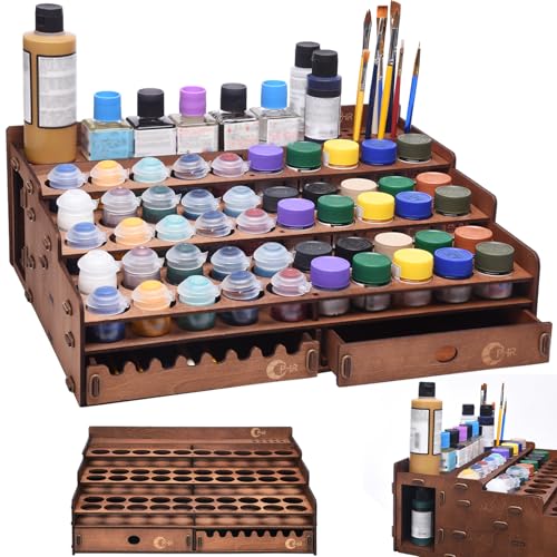 OPHIR Wooden Paint Holder Rack, 50 Holes Dia.1.42 Inches, Painting Brush Holder with 24 Slots, 1 Drawer, 25 Brush Holes, Miniature Paint Storage, Walnut-Toned Finish - color: (Dia.1.42")50 Paint Holes+1x Paint Brush Holder+1x Drawer+25x Paint brush Hole