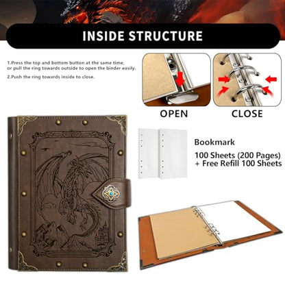 DUROTAN DND Journal Dragon Notebook A5 Binder Diary 400 Pages | For D&D Gift Set Dungeons and Dragons Accessories Role Playing Games DM & Players RPG - color: 3-GrayBrown-FlyingDragon