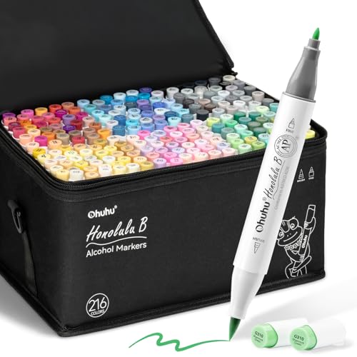 Ohuhu Alcohol Based Brush Markers -Double Tipped Art Marker Set for Artists Adults Coloring Sketch Illustration - Brush & Fine Dual Tips - 216 Colors - Honolulu B of Ohuhu Markers - Refillable Ink - style: Brush & Fine