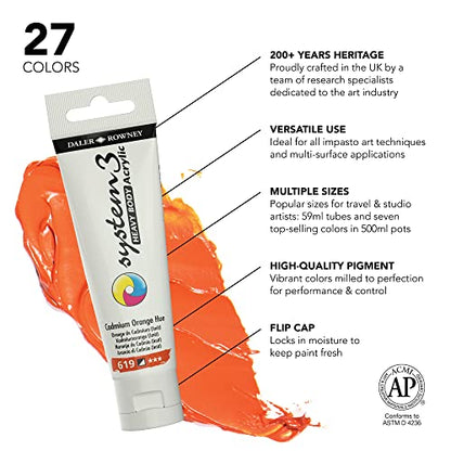 Daler Rowney System3 Cadmium Orange Hue Heavy Body Acrylic Paint 59ml - Art Paint for Artists and Students - Artist Paint for Canvas Murals and More - Thick Acrylic Paint for All Skill Sets