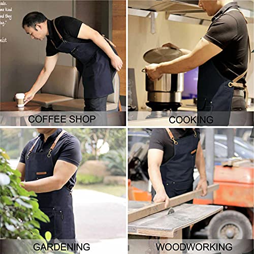 Chef Apron with Cross Back Straps for Men Women, Cotton Canvas Apron for Artists Painting, Kitchen Cooking - color: Navy, 6pack