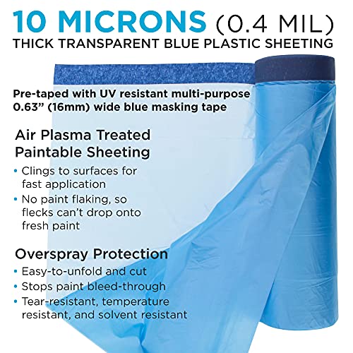 Dura-Gold 71" x 65' Pure Blue Pre-Taped Masking Film, (3 Pack) Painters Plastic Roll (0.4 Mil), Pull Down Drop Sheet, Pre-Taped Plastic Sheeting for Painting Protection on Auto, Walls, Furniture