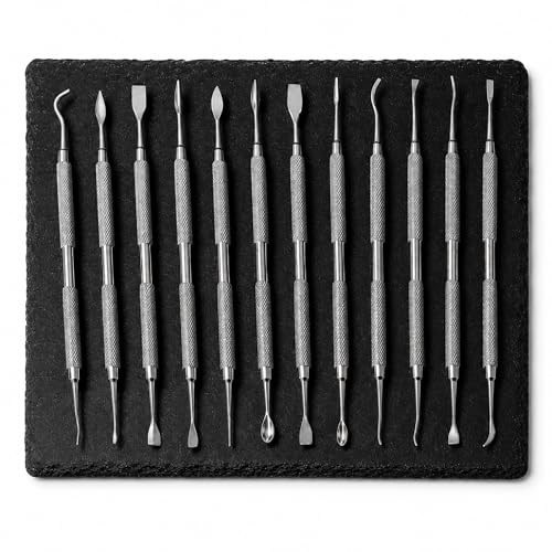 Rahish Tools Stainless Steel Wax Carver Tool Set, Double Ended Complete Carving Kit with Textured Grip for DIY, Clay, Dental Wax, Jewelry, Sculpting, Modeling, Pottery & Fine Detailing Works - 12 pcs