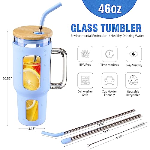WINSA Glass Tumbler with Lid and Straw, 46 oz Iced Coffee Cup with Handle, Large Water Bottles with Silicone Sleeve, Glass Cup with Straws - Pearl Straw & Drinking Straw BPA Free-Glacier - color: Glacier, size: 46 Ounces