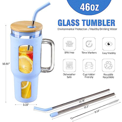 WINSA Glass Tumbler with Lid and Straw, 46 oz Iced Coffee Cup with Handle, Large Water Bottles with Silicone Sleeve, Glass Cup with Straws - Pearl Straw & Drinking Straw BPA Free-Glacier - color: Glacier, size: 46 Ounces