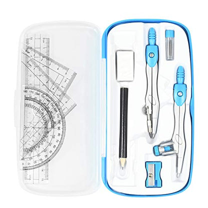 Vobou Math Geometry Kit Sets 10 Piece Student Supplies with Shatterproof Storage Box,Includes Rulers,Protractor,Compass,Eraser,Pencil Sharpener,Lead Refills,Pencil,for Drafting and Drawings（Blue） - color: Blue