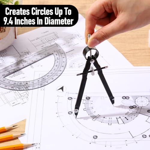 EBOOT Student Geometry Math Set, Metal Drawing Compass and 6 Inch Clear Swing Arm Protractors 180 Degree Math Protractor(Black and Black) - color: Black and Black
