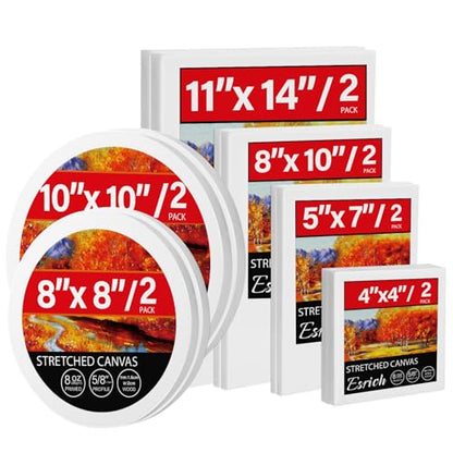12 Pack Stretched Canvases for Painting, Multi Size Canvas 11x14, 8x10, 5x7, 4x4, Round Canvas with 8x8,10x10, Cotton Primed Paint Blank Canvas for Oil Paint, Acrylic Paint, for Beginners, Artists. - size: 4x4in,5x7in,8x10in,11x14in,D8in,D10in