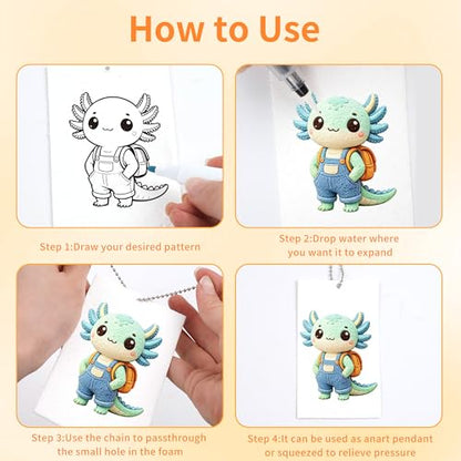 75 Pcs Magic Foam Texture Painting Kit, Cute 3D Axolotl Puffy Paint Art Craft Set with 24 Magic Foam Paper, 12 Color Pens, 3 Water Brushes, 20 Chains, Mini Easel, DIY Coloring Craft Activity Gift Set