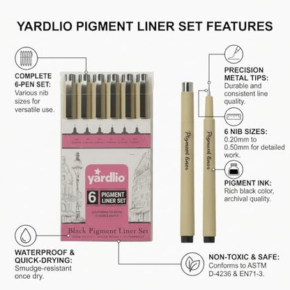 Yardlio Pen Set - 6 Fineliner Pens for Journaling, Writing, and Drawing - Nice Pens for Art, Journals, & Creative Work - Best Pens for Sketching and Journaling