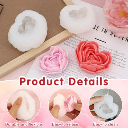 2 Pcs Rose Candle Molds, 3D Heart Rose Flower Silicone Molds, Valentine’s Day Heart Resin Casting Mold for DIY Soap Candle Wax Melt - color: Heart Rose