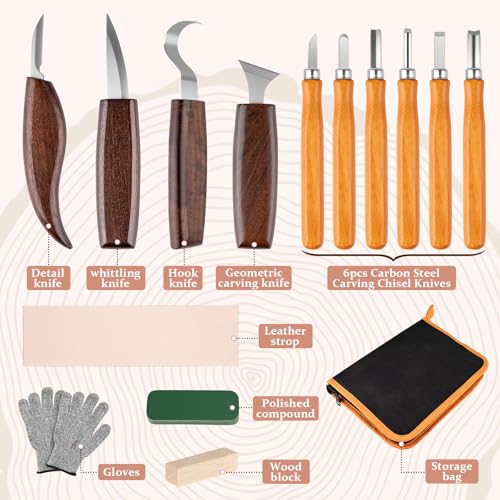 26 IN 1 Wood Carving Tools Kit for Beginners, Complete Woodworking Tools Set Including 4 Wood Knives and 6 Chisels, Wood Whittling Starter Kit for Woodworking DIY Hobby Projects