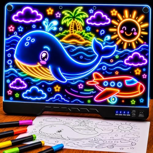 Upgraded 16” LED Drawing Board – Rechargeable, 7 Colors, 10 Light Modes, Adjustable Brightness – Acrylic Light Board for Tracing with Stand, Markers and Full Kit – Birthday Gift Set (Black) - color: Black