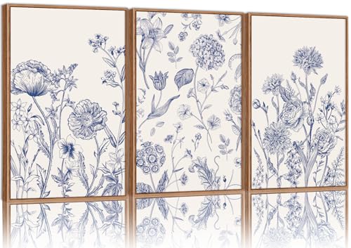 Tinonedraw Large Classic Chinoiserie Flower Framed Canvas Wall Art Set, Navy Blue and White Floral Wall Decor, Minimalist Neutral Botanical Art Printing for Living Room Bedroom Office Dorm 24"x36"x3 - color: Classic Chinoiserie Flower, size: 36L" x 24W"