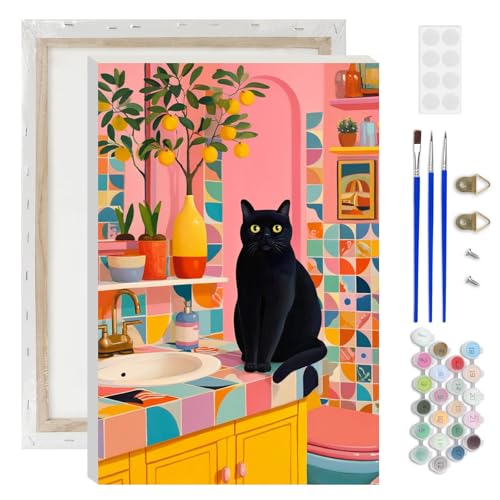 Lxmsja Black Cat Paint by Numbers Kit for Adults, Colorful Bathroom Acrylic Paint by Numbers for Adults Beginner, DIY Craft Supplies Oil Painting Kits for Home Wall Decor 8x12 inch (Framed) - color: Colorful#105