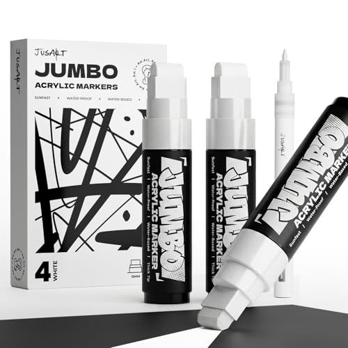 JusArt 4 Pcs White Jumbo Poster Marker Set, 15mm Wide Tip and 0.7mm Fine Tip, Acrylic Paint Markers for Rock, Fabric, Glass, Ceramic, Wood - color: White