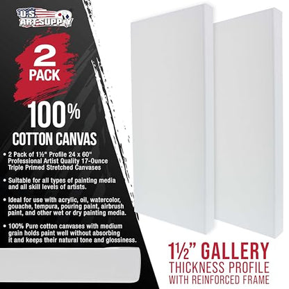 U.S. Art Supply X-Large Stretched Canvas for Painting 24x60 inch Gallery Depth 1-1/2" Thick, 2-Pack - 12oz Acrylic Gesso Triple Primed, Professional Artist Quality, 100% Cotton - Oil, Pouring Paint - size: 24" x 60"