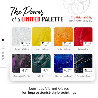 Impressionist Palette by ZenART - Luminous, Vibrant Professional Oil Paint Set - 8 x Large 1.7 Fl Oz (50ml) Tubes - Non-Toxic, Highly Pigmented, Creamy, Lightfast Oil Paints for Eco-Conscious Artists - color: Impressionist Palette (Masters Inspired) – 8 ×